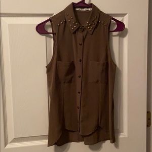 Army Green Embellished Collared Tank Top